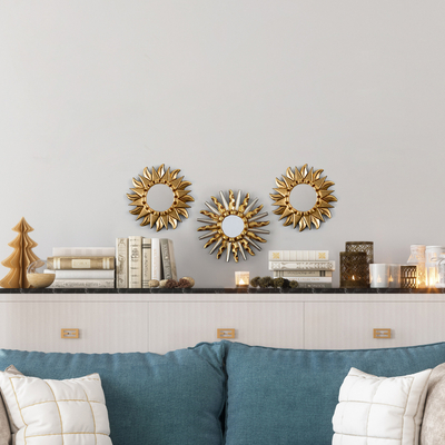 Gilded bronze and aluminum wood wall mirror, 'Gold & Silver Sun' - Gilded Bronze and Aluminum Wood Sun-Themed Wall Mirror