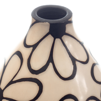 Ceramic decorative vase, 'Nocturnal Flowers' - Peru Chulucanas Ceramic Decorative Vase with Flower Motifs