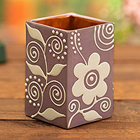 Ceramic flower pot, 'Floral Romance' - Purple Chulucanas Ceramic Floral Planter Handmade in Peru