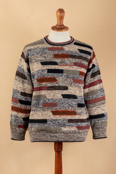 Men's 100% alpaca pullover, 'Inca Walls' - Men's Colorful Patterned 100% Alpaca Pullover from Peru