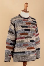 Men's 100% alpaca pullover, 'Inca Walls' - Men's Colorful Patterned 100% Alpaca Pullover from Peru