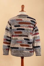 Men's 100% alpaca pullover, 'Inca Walls' - Men's Colorful Patterned 100% Alpaca Pullover from Peru