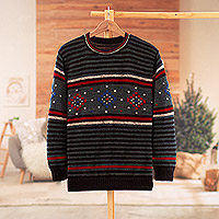 Men's 100% alpaca pullover, 'Lines & Stitches' - 100% Alpaca Men's Pullover with Hand-Embroidered Motifs
