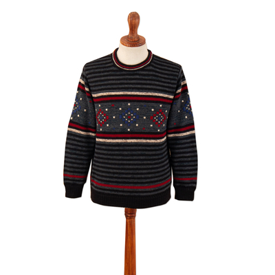 Men's 100% alpaca pullover, 'Lines & Stitches' - 100% Alpaca Men's Pullover with Hand-Embroidered Motifs