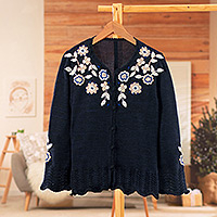 Crocheted and hand-embroidered alpaca and cotton cardigan, 'Garden Bloom' - Crocheted Alpaca Cotton Cardigan with Floral Hand Embroidery