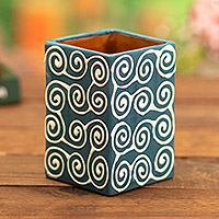 Ceramic flower pot, 'Marine Vibes' - Blue Chulucanas Ceramic Flower Pot Handmade in Peru