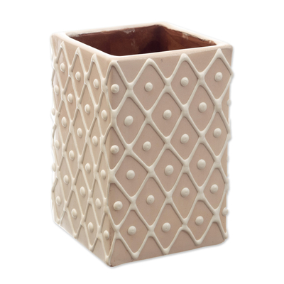 Ceramic flower pot, 'Oneiric Vibes' - Beige and White Ceramic Flower Pot with Diamond Pattern