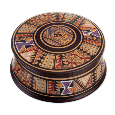 Keramische Schmuckdose, 'Warmi' - Handbemalte Keramik-Dose mit Inka-Motiven