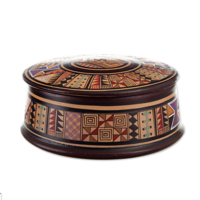 Keramische Schmuckdose, 'Warmi' - Handbemalte Keramik-Dose mit Inka-Motiven