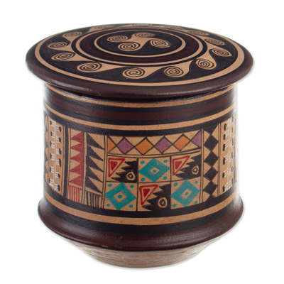 Caja decorativa de cerámica - Caja Decorativa de Cerámica con Motivos Incas Pintada a Mano en Perú