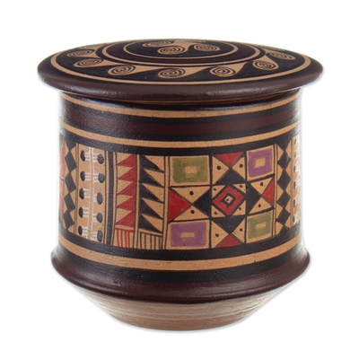 Keramische Schmuckdose 'Inka-Pracht' - Dekorative Keramikdose mit Inka-Motiven, handbemalt in Peru