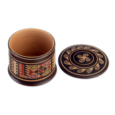 Ceramic decorative box, 'Inca Splendor' - Ceramic Decorative Box with Inca Motifs Hand-Painted in Peru
