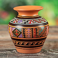 Jarrón decorativo de cerámica, 'Inca Grandeur' - Jarrón decorativo de cerámica con tema inca pintado a mano en Perú