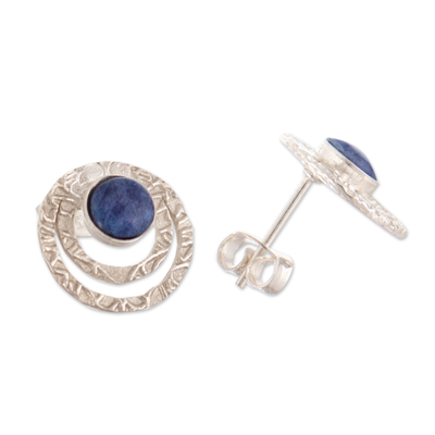Sodalite button earrings, 'Blue Vibrations' - Textured Sterling Silver and Sodalite Button Earrings