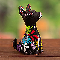 Ceramic figurine, 'Peruvian Companion in Black' - Hand-Painted Floral Ceramic Peruvian Dog Figurine in Black