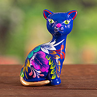 Ceramic figurine, 'Feline Spring in Blue' - Hand-Painted Leafy and Floral Blue Ceramic Cat Figurine