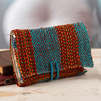 Wool clutch, 'Sumaq' - Brown and Teal Handloomed Wool Clutch with Button Closure