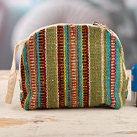 Bolsa cosmética de lana, 'Olive Roads' - Bolsa cosmética de lana de oliva a rayas hecha a mano con cierre de cremallera