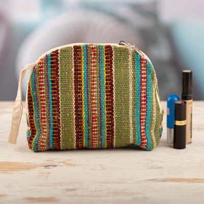 Wool cosmetic bag, 'Olive Roads' - Handmade Striped Olive Wool Cosmetic Bag with Zipper Closure