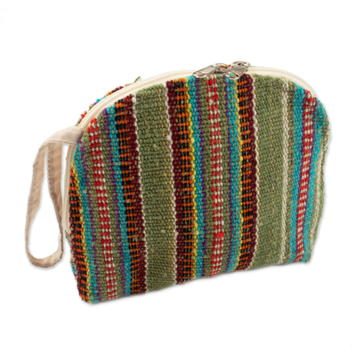 Wool cosmetic bag, 'Olive Roads' - Handmade Striped Olive Wool Cosmetic Bag with Zipper Closure
