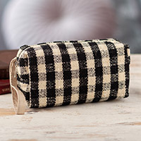 Wool cosmetic bag, 'Adventure Squares' - Handmade Checkered Wool Cosmetic Bag with Zipper Closure