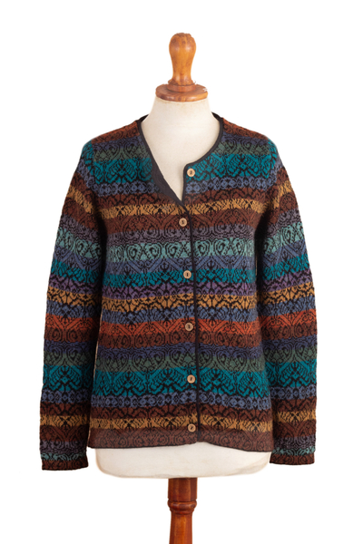 100% alpaca cardigan, 'Andean Cathedrals' - 100% Alpaca Knit Long-Sleeved Cardigan with Button Closure