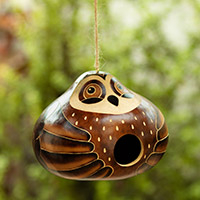 Dried gourd birdhouse, 'Lovely Owl' - Hand-Painted Owl-Themed Dried Gourd Birdhouse from Peru