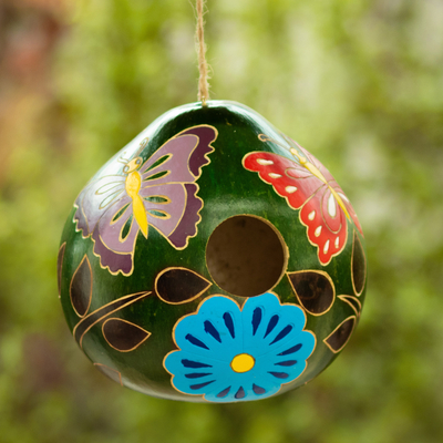 Pajarera de calabaza seca - Pajarera pintada a mano con mariposas y calabazas secas con motivos florales
