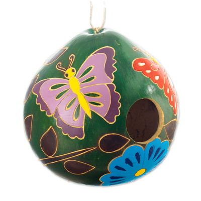 Pajarera de calabaza seca - Pajarera pintada a mano con mariposas y calabazas secas con motivos florales