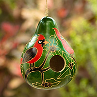 Dried gourd birdhouse, 'Nature Celebrates Christmas' - Hand-Painted Bird-Themed Dried Gourd Birdhouse from Peru