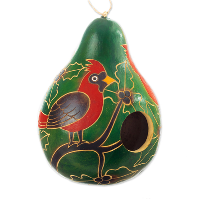 Dried gourd birdhouse, 'Nature Celebrates Christmas' - Hand-Painted Bird-Themed Dried Gourd Birdhouse from Peru