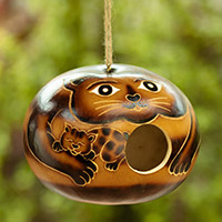 Dried gourd birdhouse, 'Mama Cat' - Hand-Painted Cat-Themed Dried Gourd Birdhouse from Peru