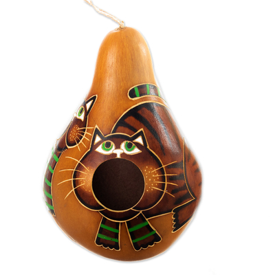 Pajarera de calabaza seca - Pajarera de calabaza seca pintada a mano con motivo de gato de Perú