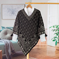 100% alpaca poncho, 'Cuzco Mountains' - Geometric and Floral 100% Alpaca Poncho in Black and Grey