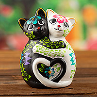 Ceramic sculpture, 'Feline Night and Day' - Cat-Themed Floral Handcrafted Ceramic Sculpture