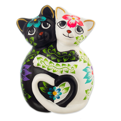 Keramikskulptur - Handgefertigte Keramikskulptur mit Katzenmotiv und Blumenmotiv