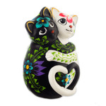 Ceramic sculpture, 'Feline Night and Day' - Cat-Themed Floral Handcrafted Ceramic Sculpture