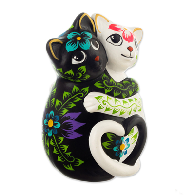 Keramikskulptur - Handgefertigte Keramikskulptur mit Katzenmotiv und Blumenmotiv