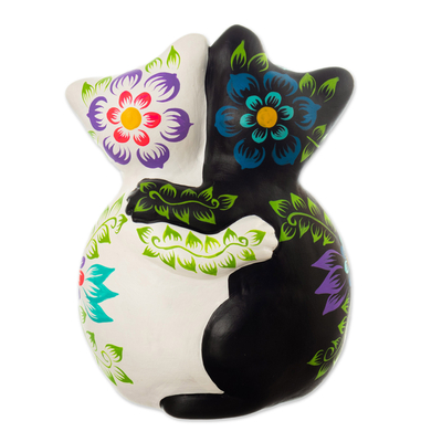 Escultura de cerámica - Escultura de cerámica artesanal floral con temática de gato.