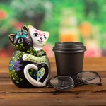 Ceramic sculpture, 'Feline Night and Day' - Cat-Themed Floral Handcrafted Ceramic Sculpture