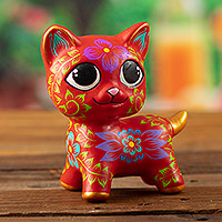 Ceramic sculpture, 'Feline Fire Magic' - Traditional Andean Ceramic Sculpture of a Red Feline