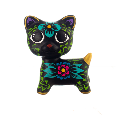 Ceramic figurine, 'Nocturnal Kitten' - Handcrafted Floral and Leafy Black Ceramic Kitten Figurine