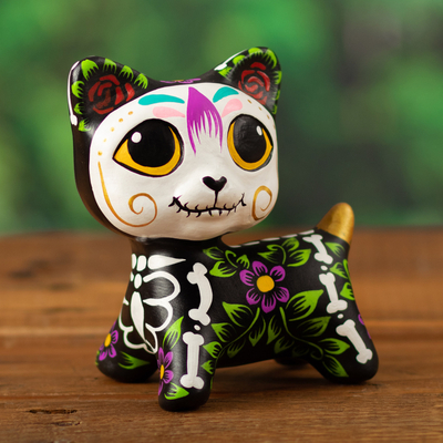 Handcrafted Day of the Dead Black Ceramic Kitten Figurine