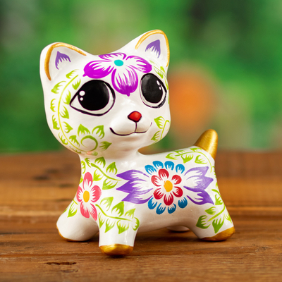 Handcrafted Floral and Leafy White Ceramic Kitten Figurine, 'Daylight  Kitten