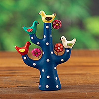 Ceramic sculpture, 'The Serene Tree Choir' - Blue Ceramic Tree Sculpture with Bird and Floral Motifs