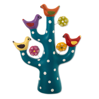Keramikskulptur - Blaugrüne Baumskulptur aus Keramik mit Vogel- und Blumenmotiven