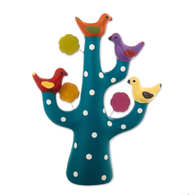 Ceramic sculpture, 'The Heavenly Tree Choir' - Teal Ceramic Tree Sculpture with Bird and Floral Motifs