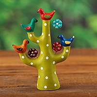 Ceramic sculpture, 'The Joyful Tree Choir' - Green Ceramic Tree Sculpture with Bird and Floral Motifs
