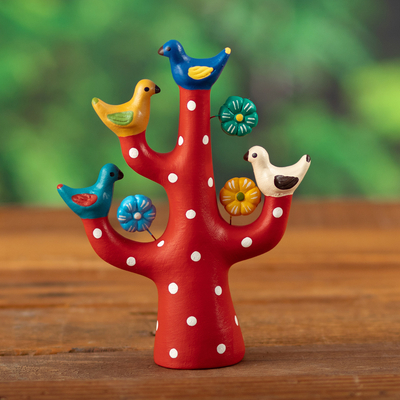 Escultura de cerámica - Escultura de Árbol de Cerámica Roja con Motivos Florales y de Aves