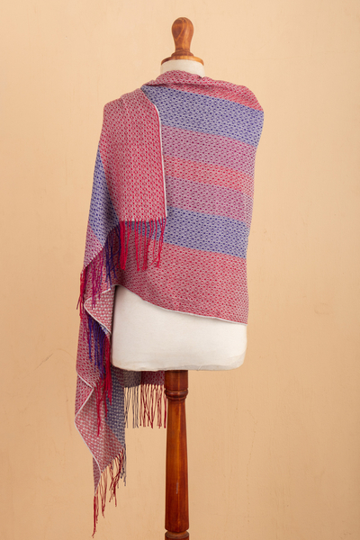 Baby alpaca blend shawl, 'Striped Joy' - Knit Baby Alpaca Blend Striped Shawl in Red Wine and Blue